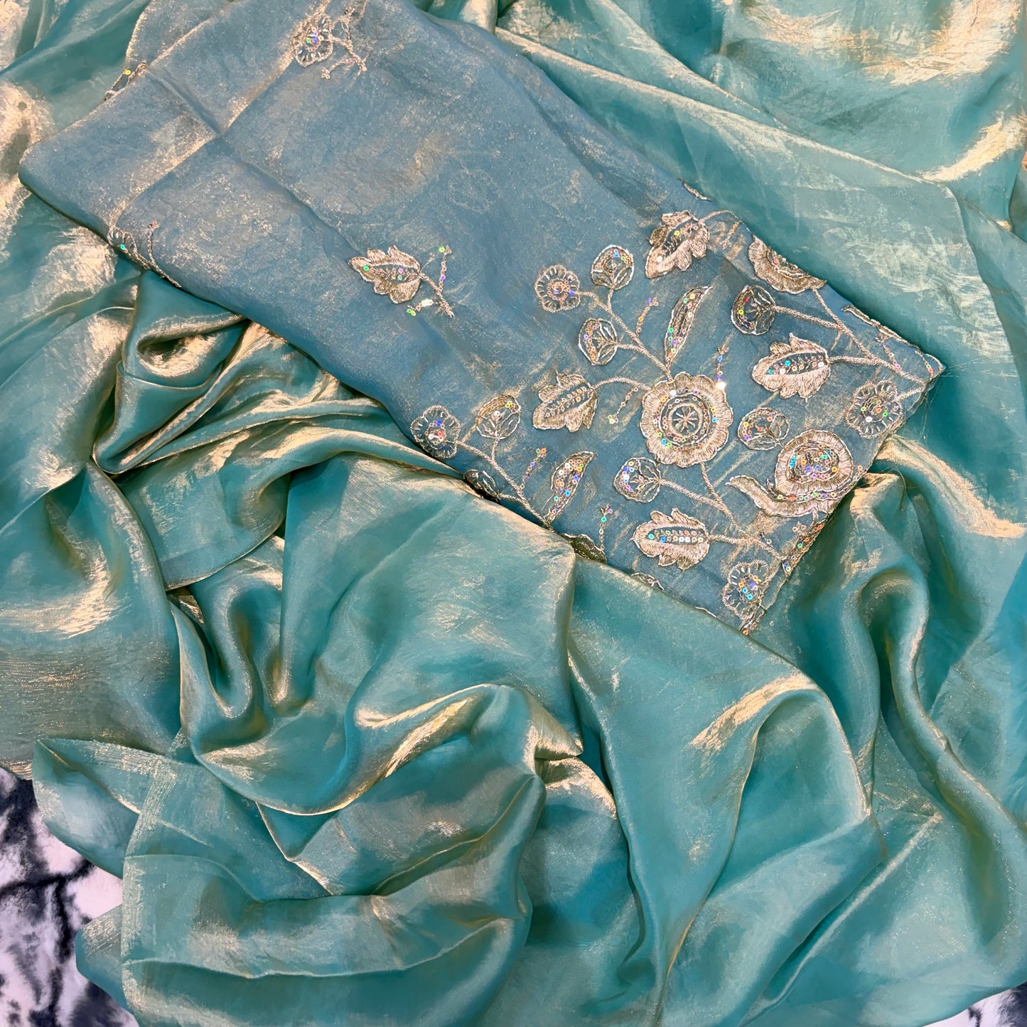 Mahira Tissue Saree (Teal)