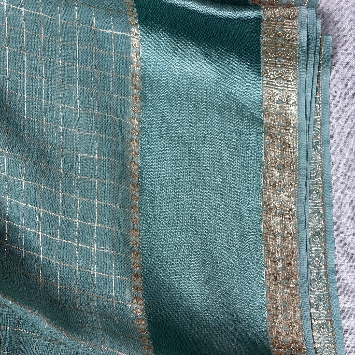 Cyan Checkered Crepe Saree