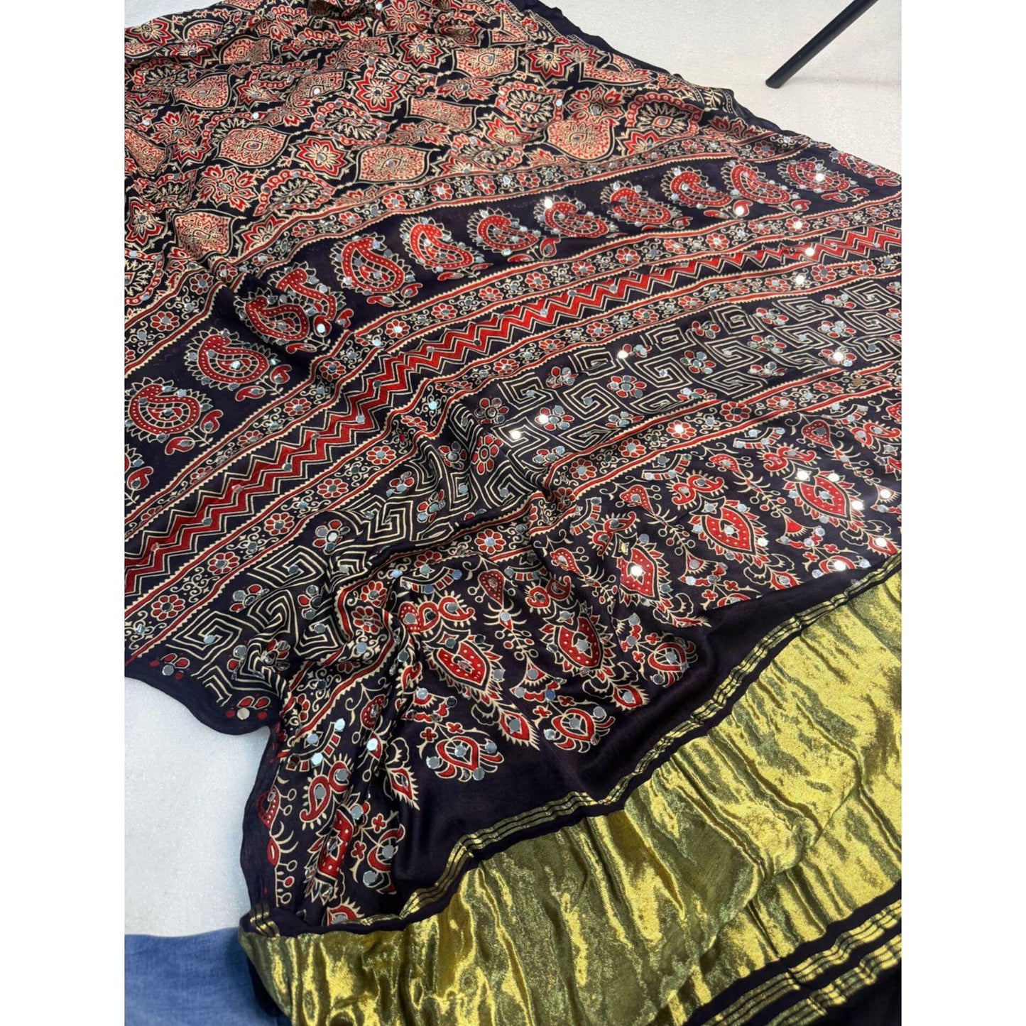 Midnight Ajrakh Mirror Saree