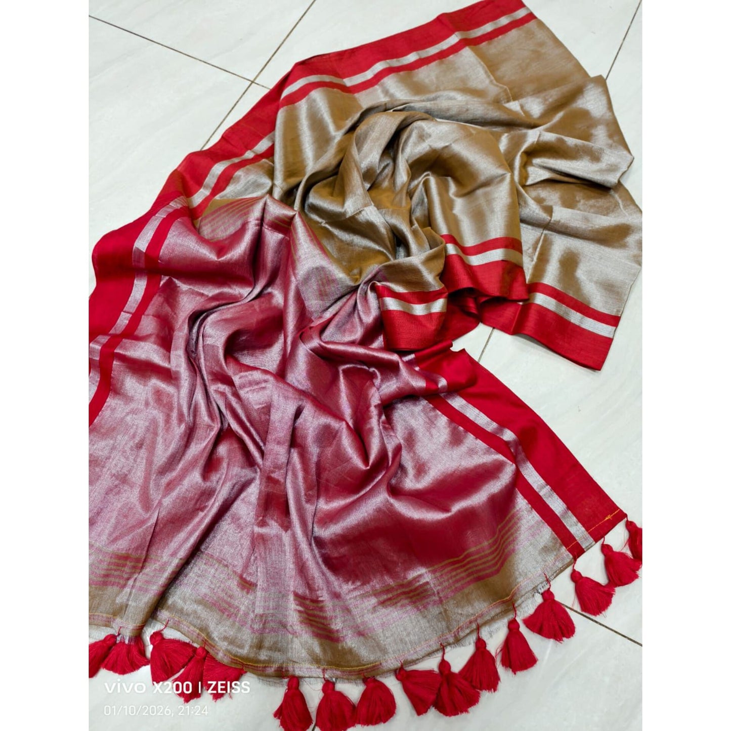 Sunset Pearl Tassel Saree