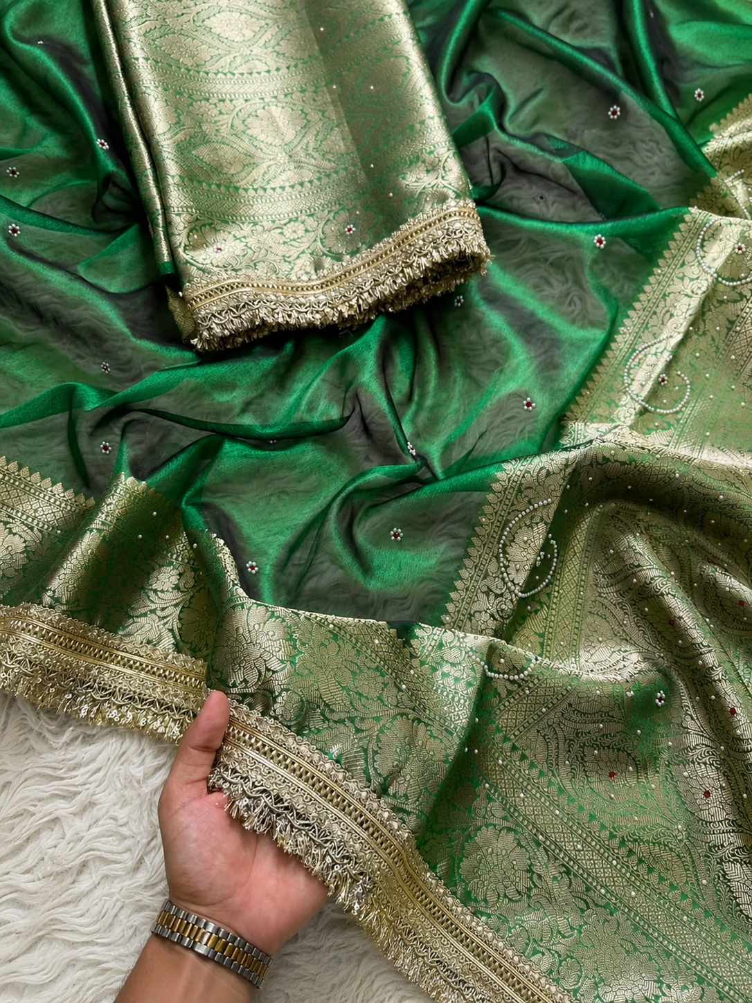 Pearl Banarasi Tissue Silk Saree (Emerald)