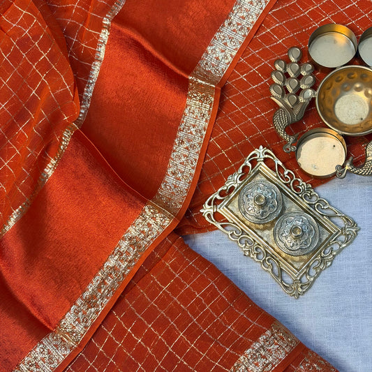 Orange Checkered Crepe Saree