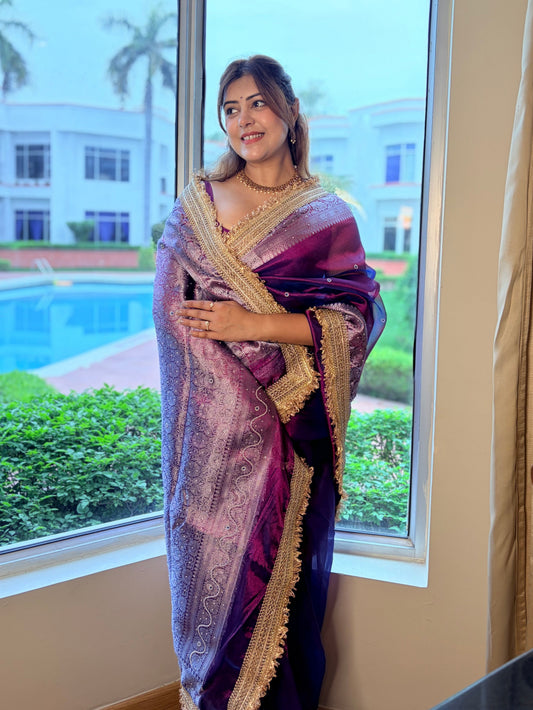 Pearl Banarasi Tissue Silk Saree (Lavender)