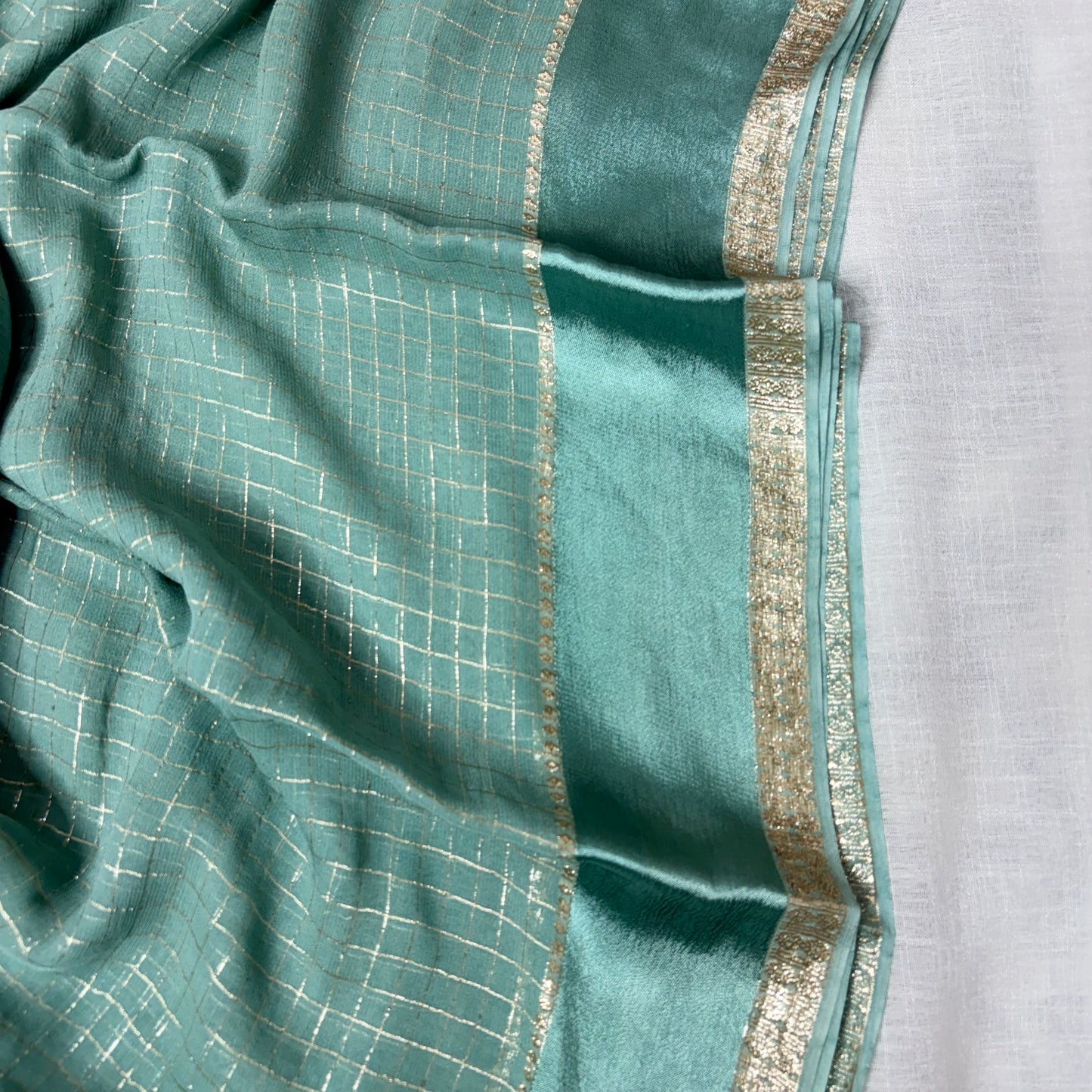 Cyan Checkered Crepe Saree
