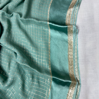 Cyan Checkered Crepe Saree