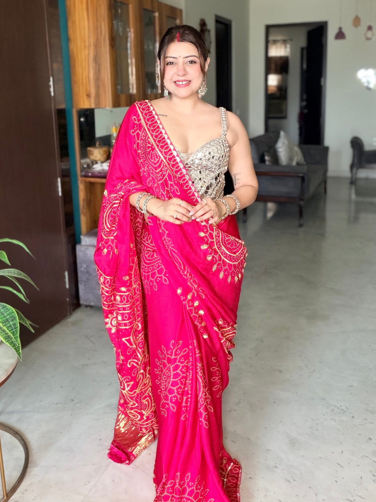 Meher Bandhani Tissue Saree (Pink)