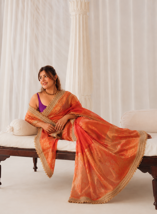 Maharani Banarasi Tissue Silk Saree – Saffron