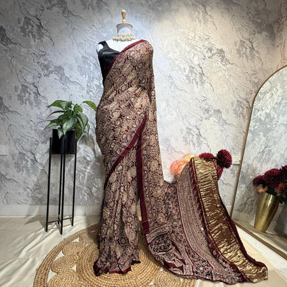 Red Ajrakh Mirror Saree