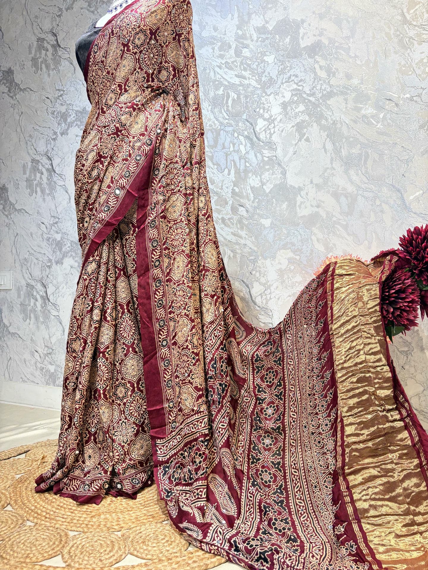 Red Ajrakh Mirror Saree