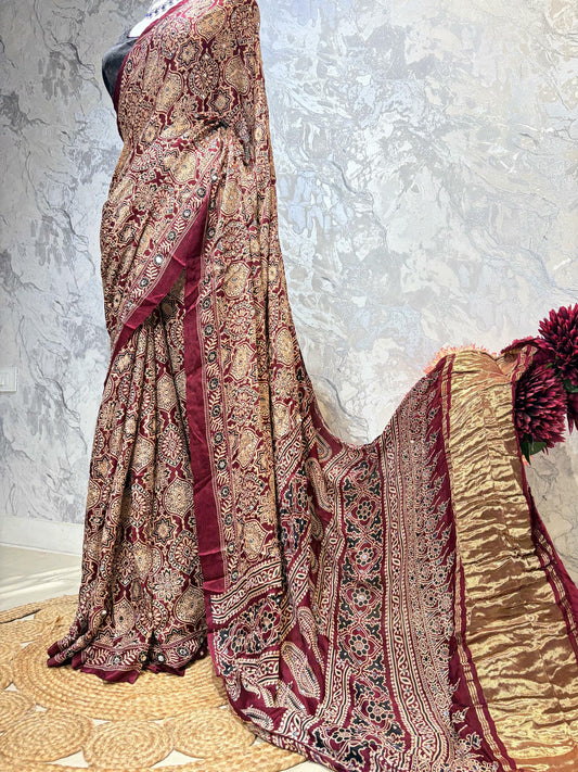 Red Ajrakh Mirror Saree