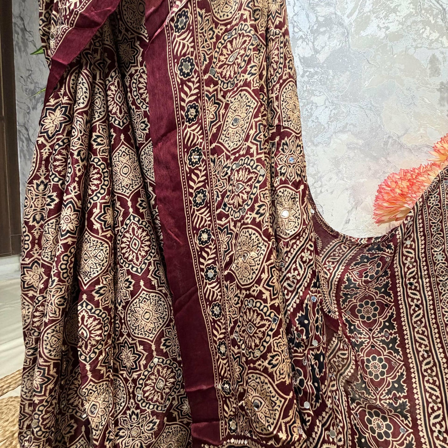 Red Ajrakh Mirror Saree