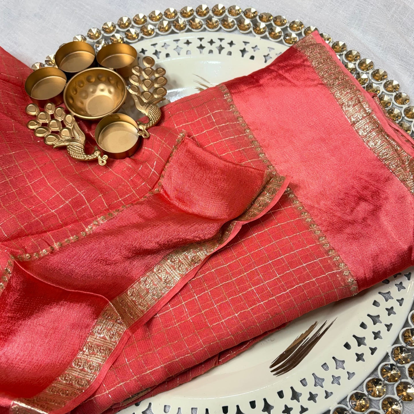 Blush Checkered Tissue Silk Saree