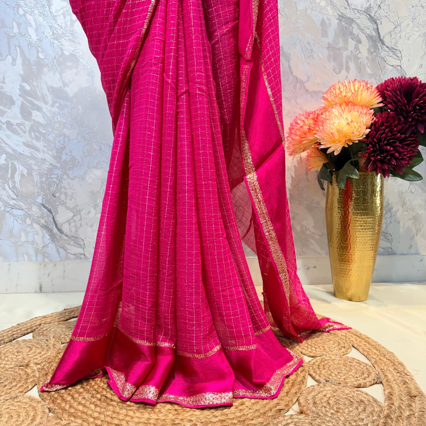 Pink Checkered Crepe Saree