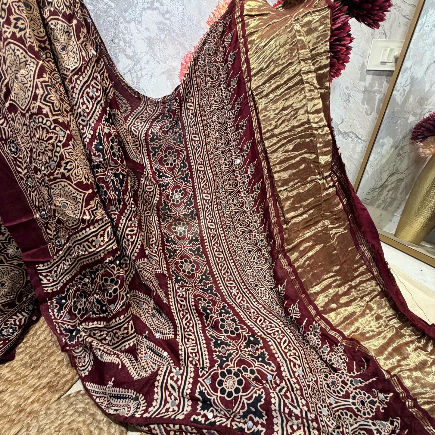 Red Ajrakh Mirror Saree