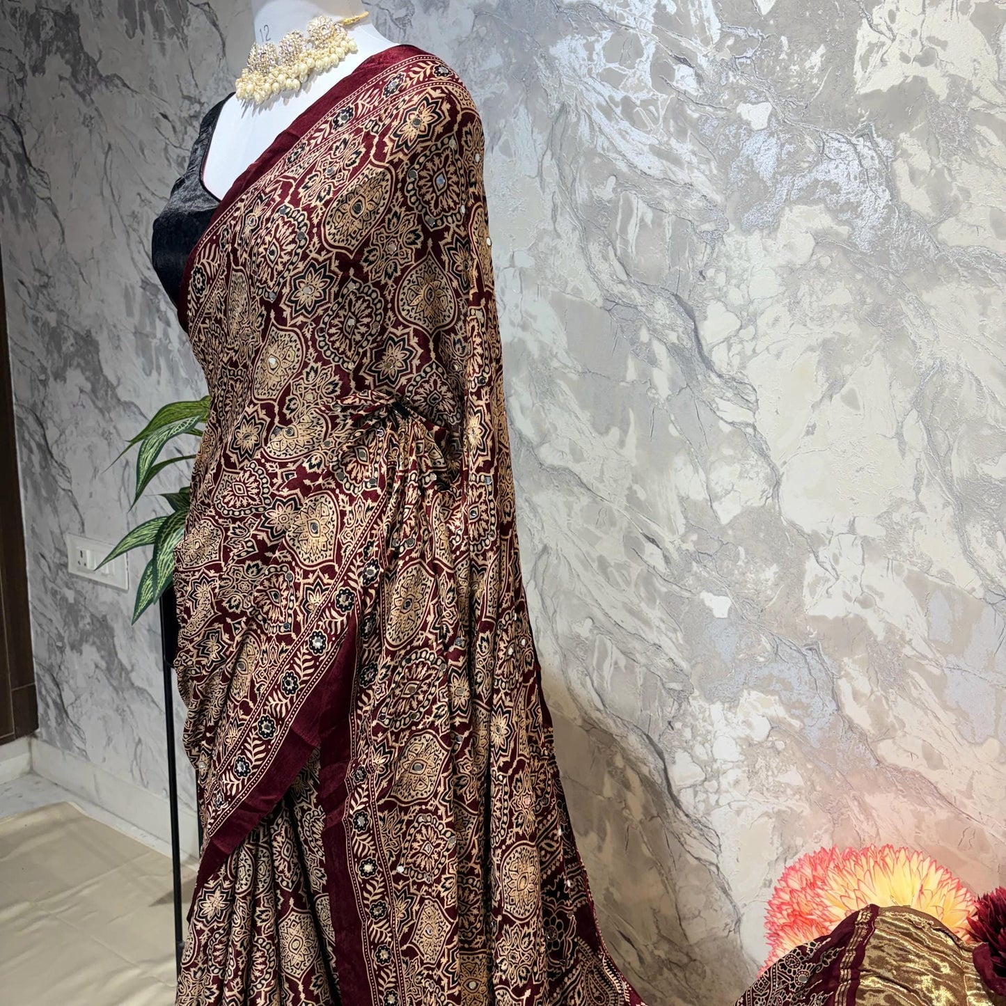 Red Ajrakh Mirror Saree
