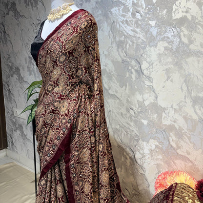 Red Ajrakh Mirror Saree
