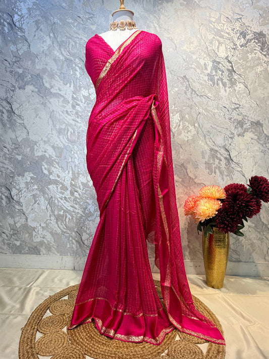 Pink Checkered Crepe Saree