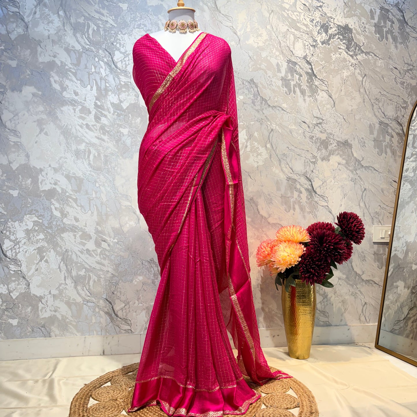 Pink Checkered Crepe Saree