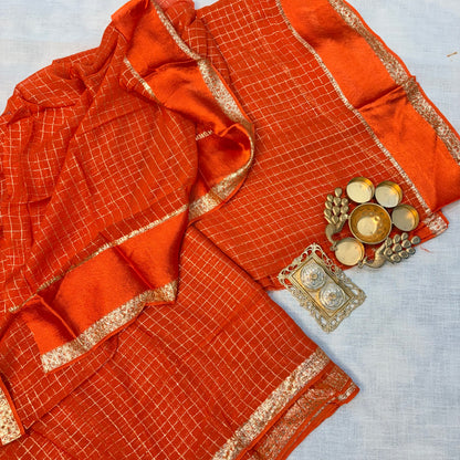 Orange Checkered Crepe Saree