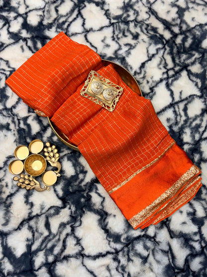 Orange Checkered Crepe Saree