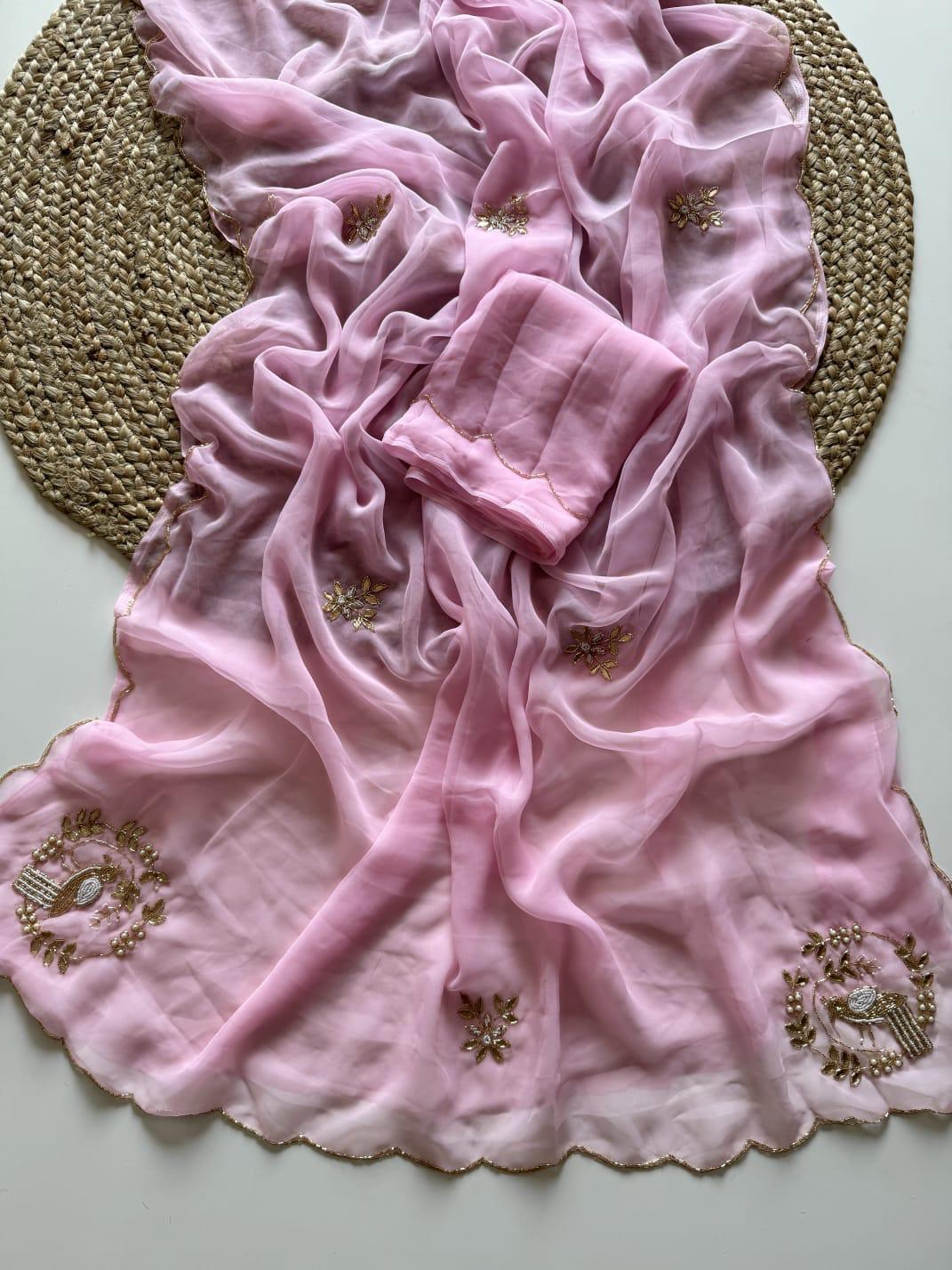 Aviara Chiffon Saree (Blush Pink)