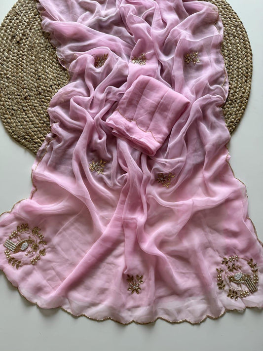 Aviara Chiffon Saree (Blush Pink)