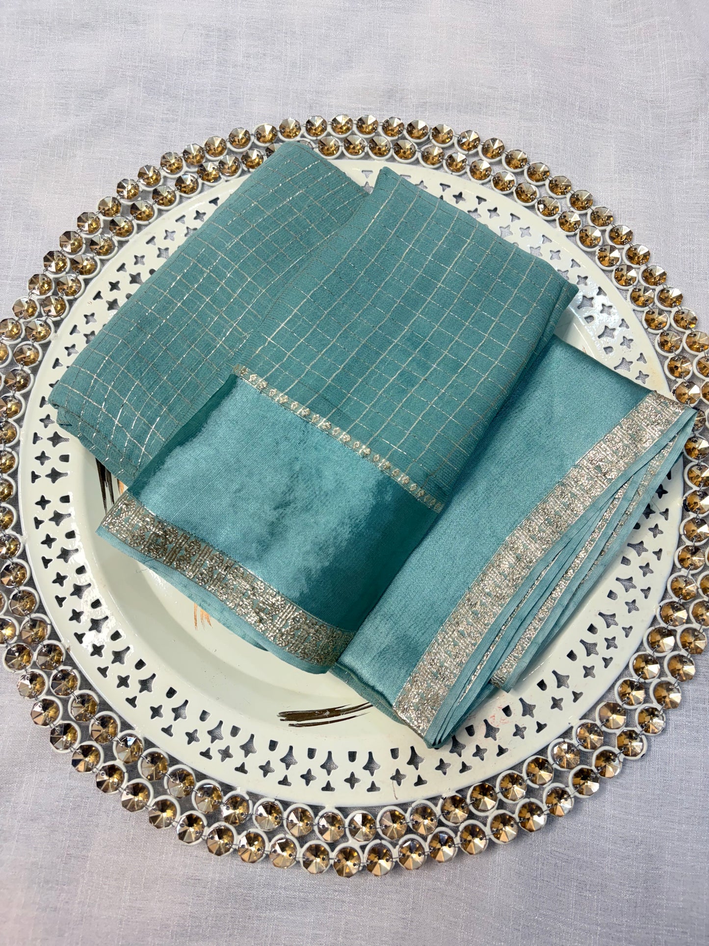 Cyan Checkered Crepe Saree