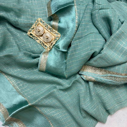 Cyan Checkered Crepe Saree