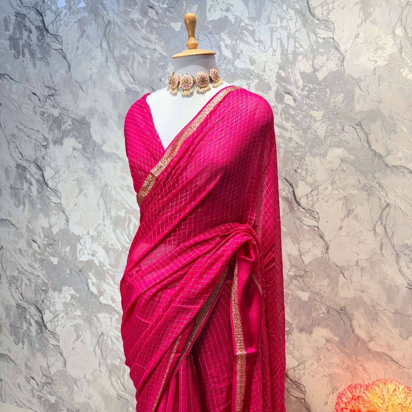 Pink Checkered Crepe Saree