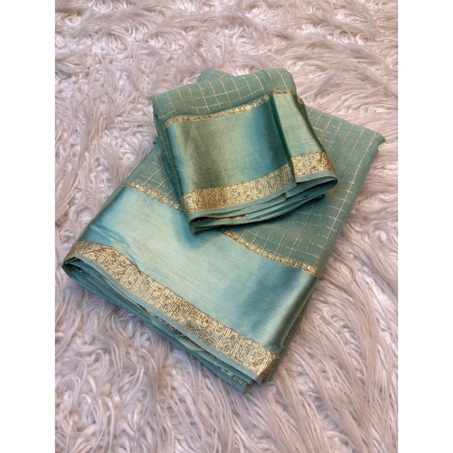 Cyan Checkered Crepe Saree