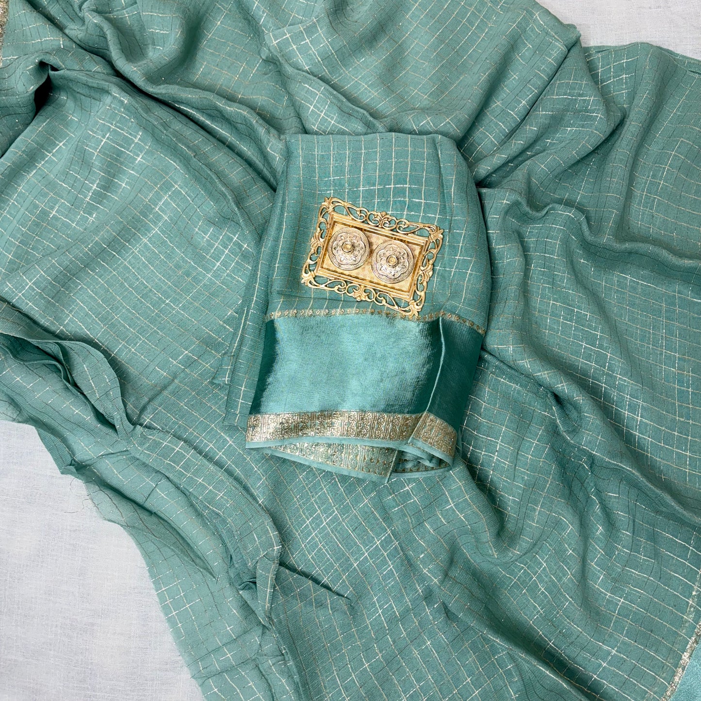 Cyan Checkered Crepe Saree