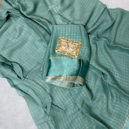 Cyan Checkered Crepe Saree