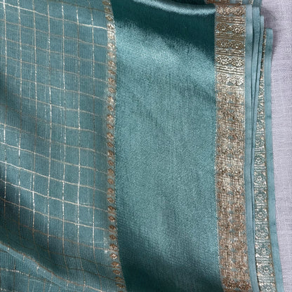 Cyan Checkered Crepe Saree