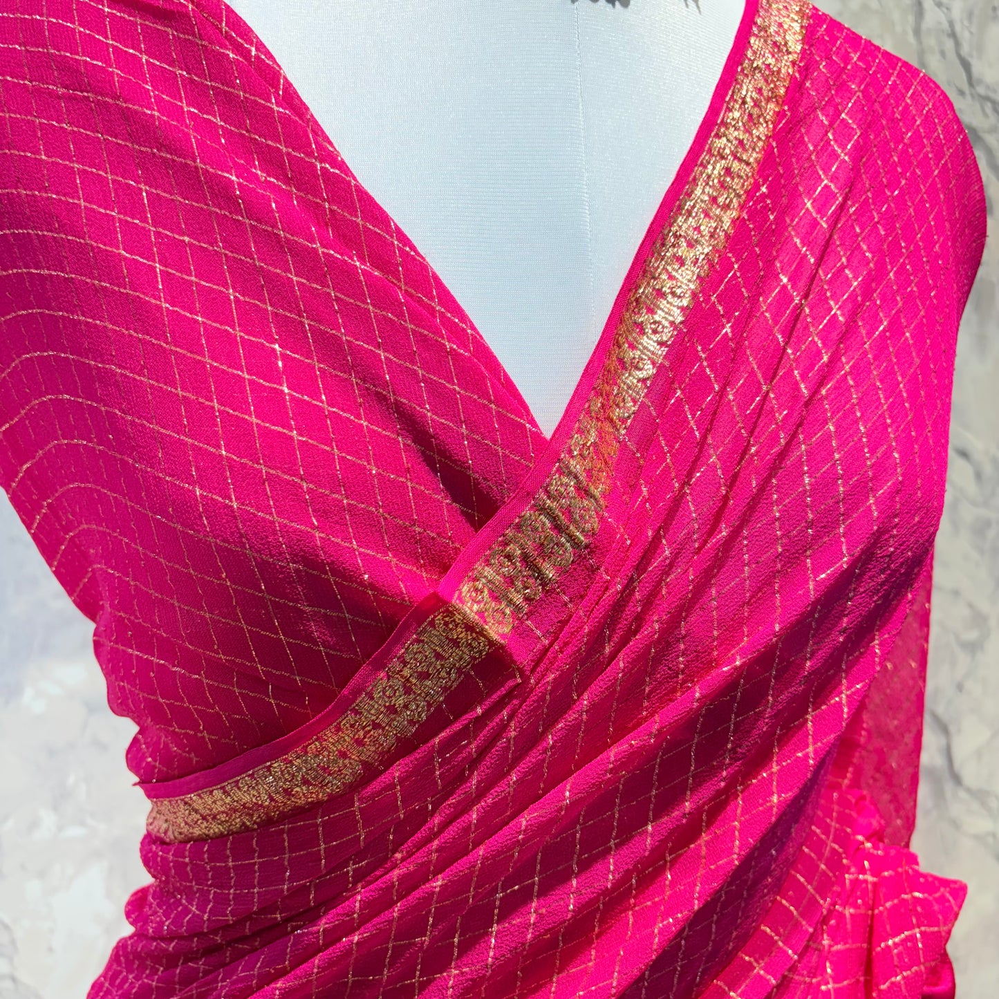 Pink Checkered Crepe Saree