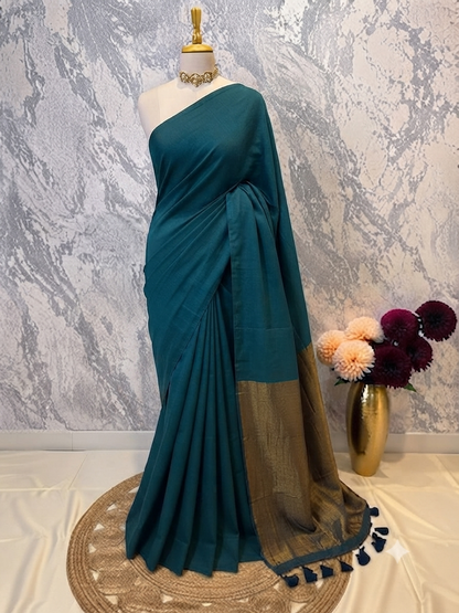 Teal Gilded Khadi Cotton Saree