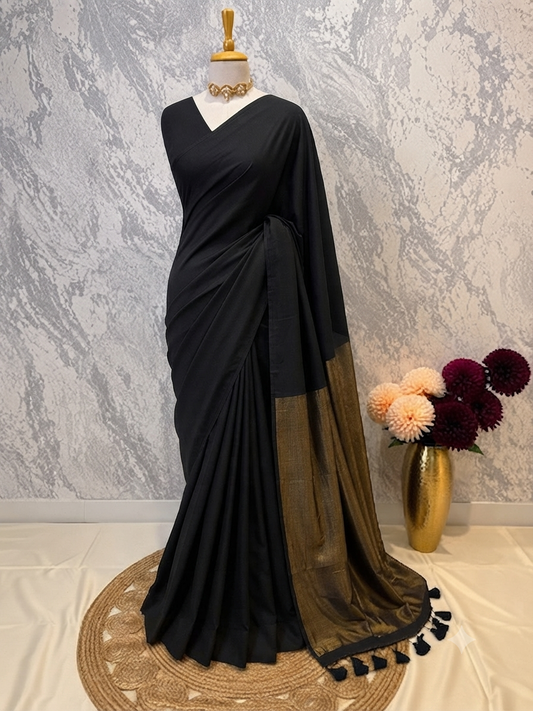 Black Gilded Khadi Cotton Saree