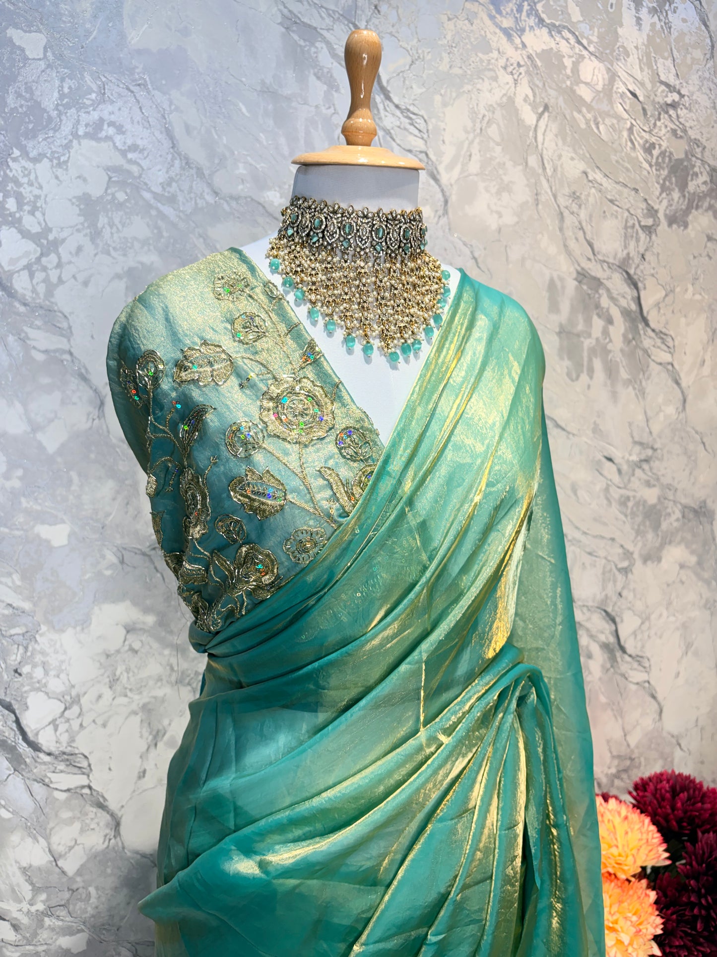 Mahira Tissue Saree (Teal)