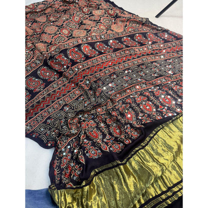 Midnight Ajrakh Mirror Saree