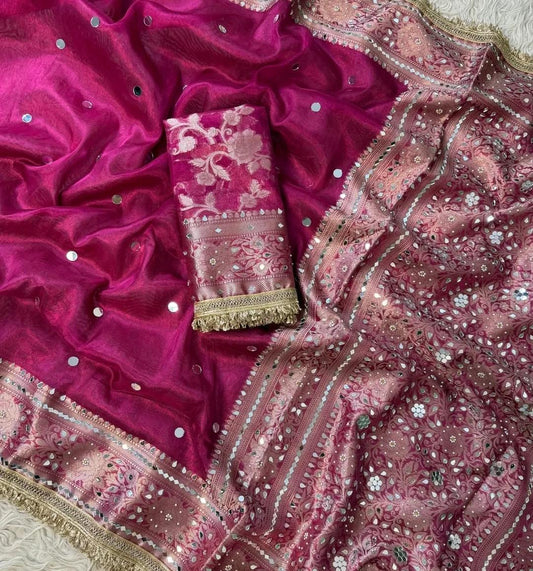 Mirror Banarasi Tissue Silk Saree – Magenta