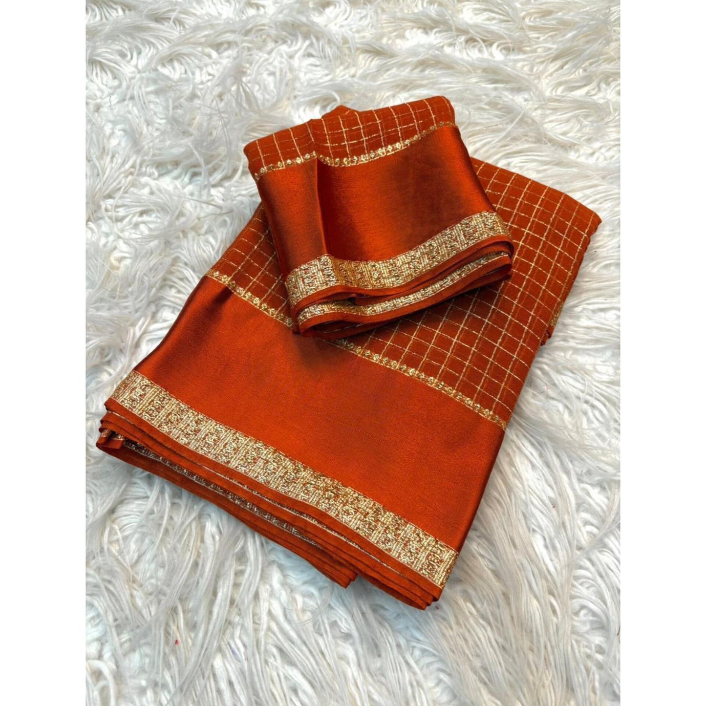 Orange Checkered Crepe Saree