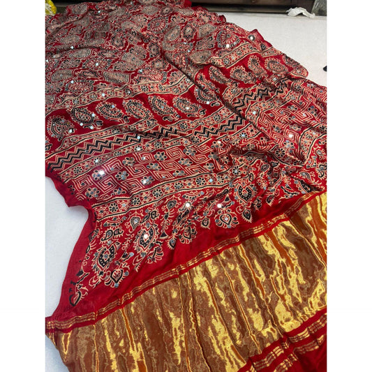 Red Ajrakh Mirror Saree