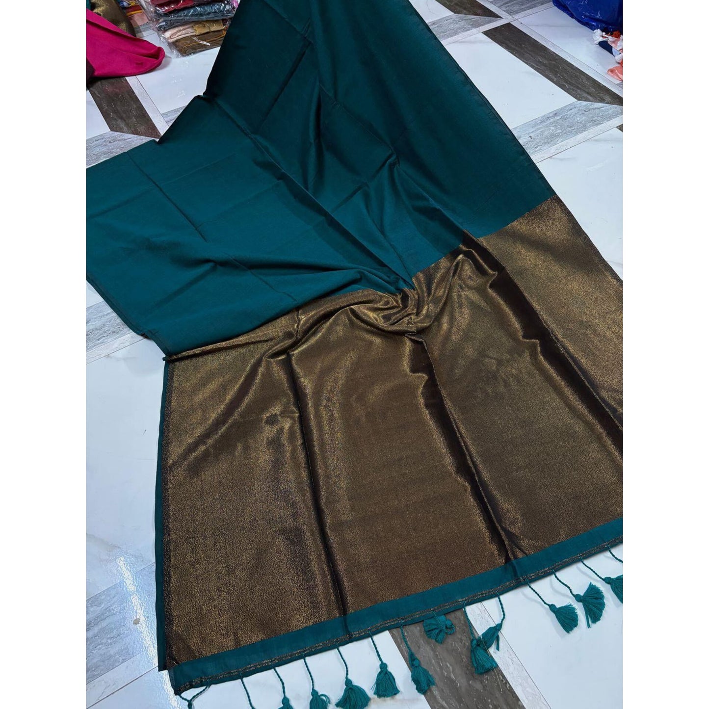 Teal Gilded Khadi Cotton Saree