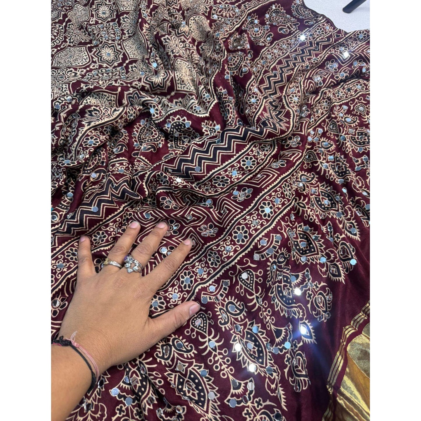 Wine Ajrakh Mirror Saree
