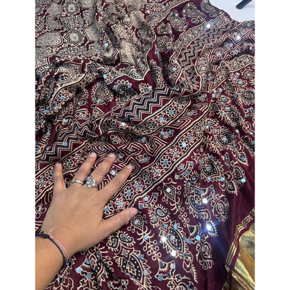 Wine Ajrakh Mirror Saree