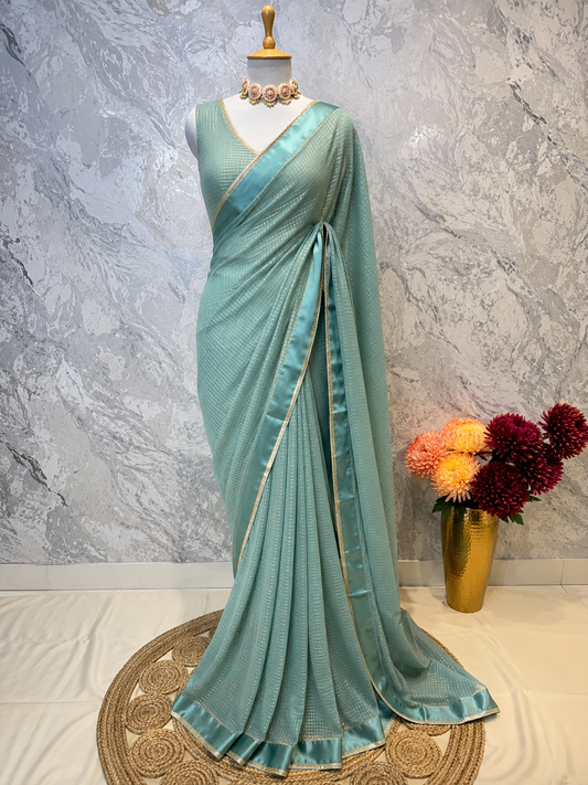 Cyan Checkered Crepe Saree