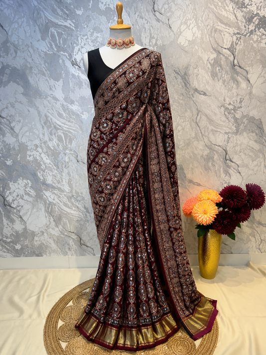 Wine Ajrakh Mirror Saree