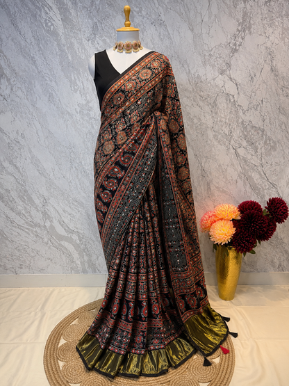 Midnight Ajrakh Mirror Saree