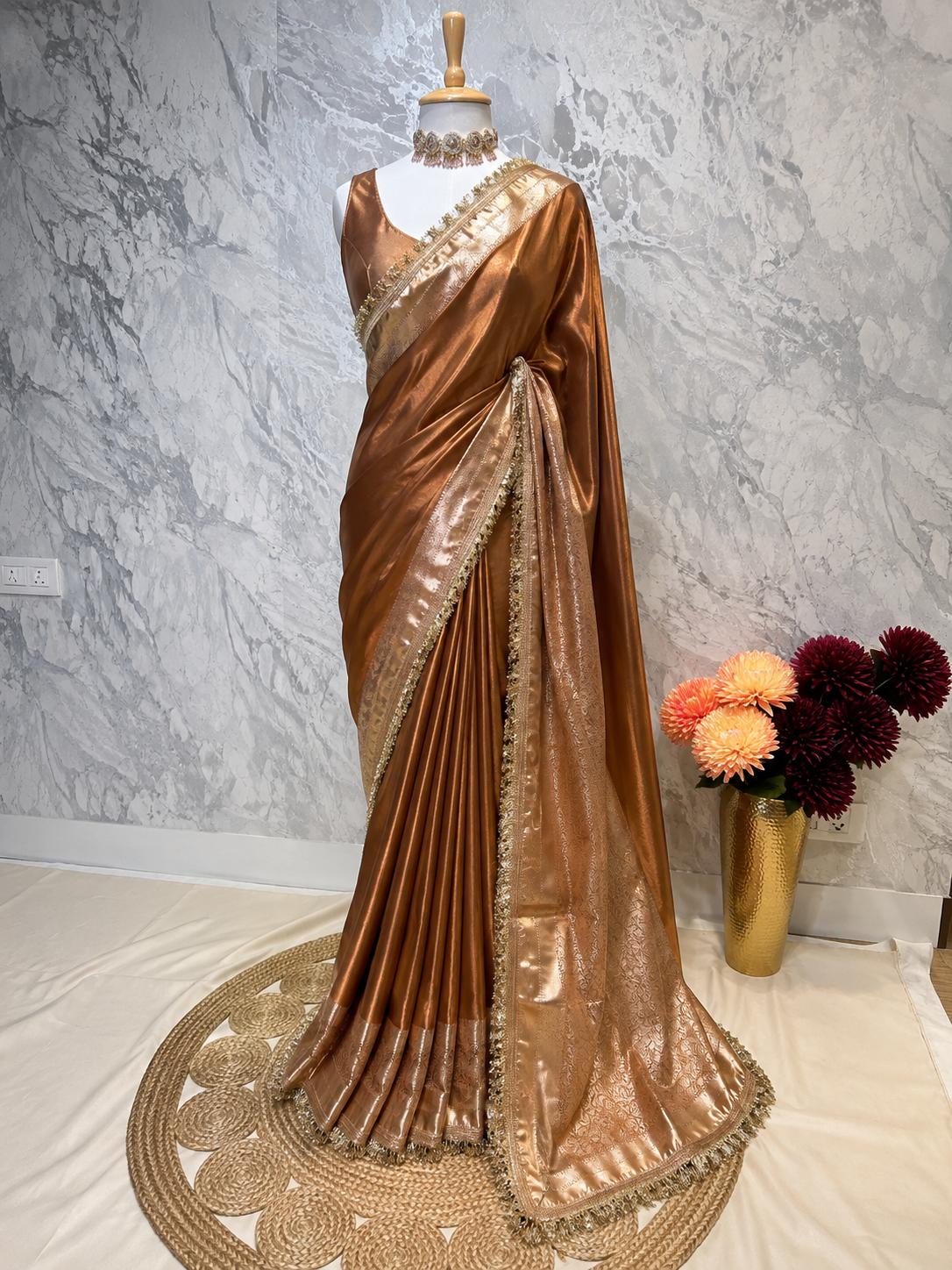 Maharani Brocade Banarasi Tissue Silk Saree – Rust
