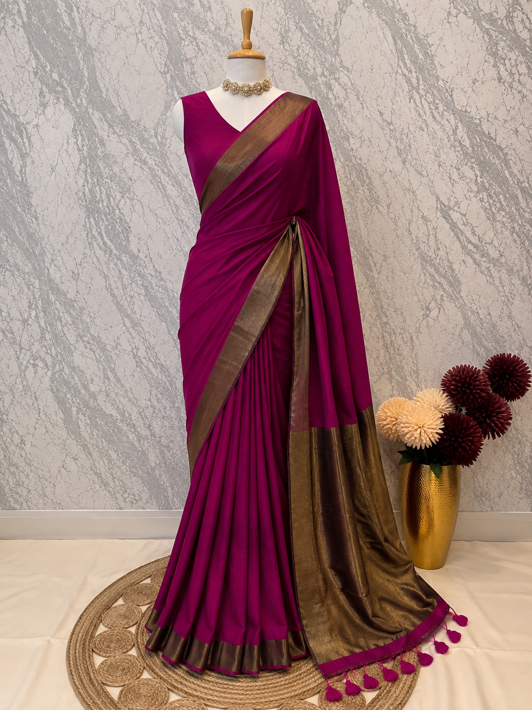 Magenta Gilded Khadi Cotton Saree