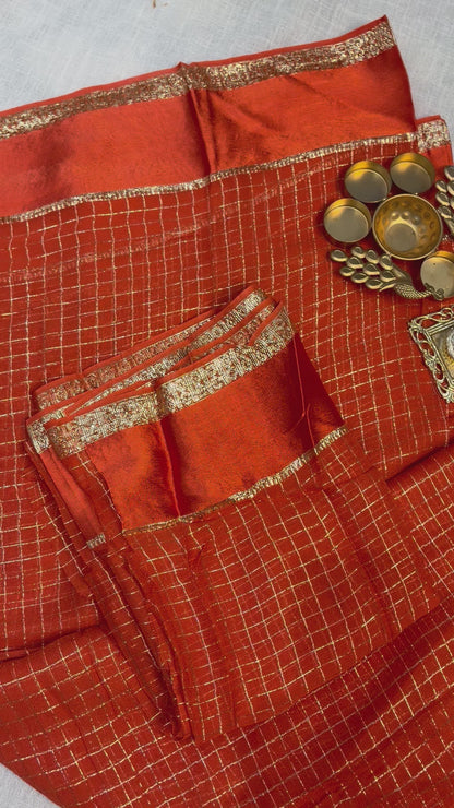 Orange Checkered Crepe Saree